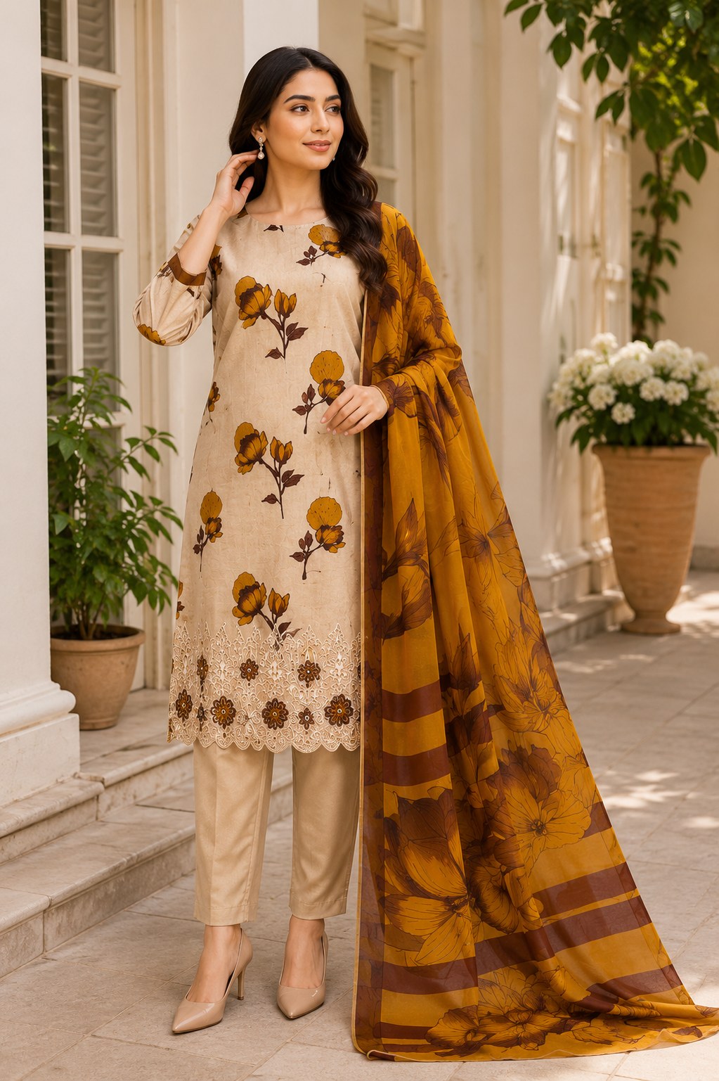 Noor e Jannat Lawn Collection Unstitched 3 Piece Suit – Beige & Mustard Floral Edition (D-1201)