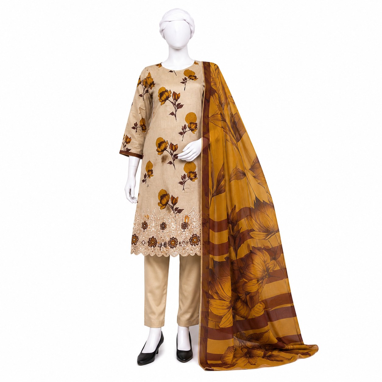 Noor e Jannat Lawn Collection Unstitched 3 Piece Suit – Beige & Mustard Floral Edition (D-1201)