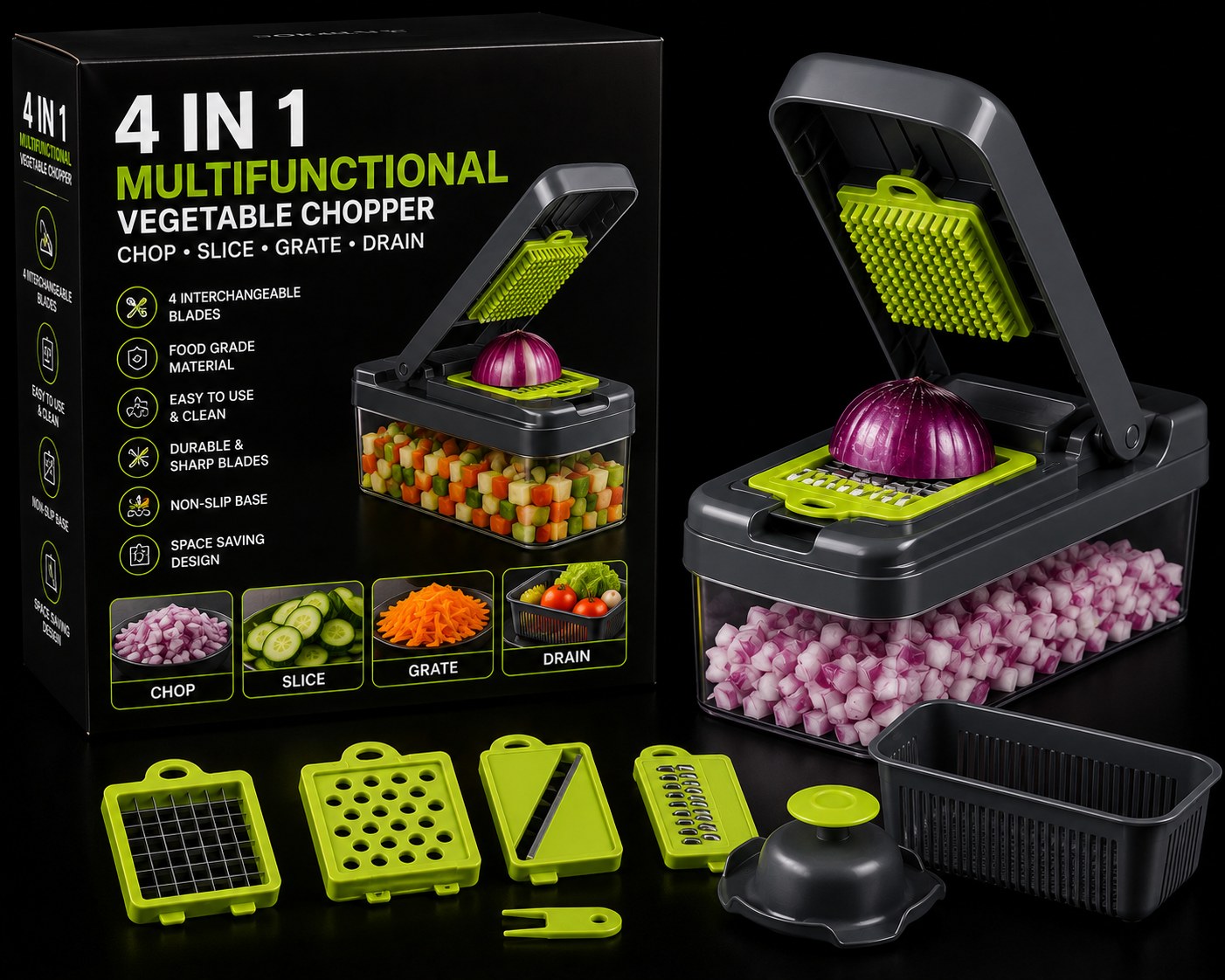 A 4-in-1 multifunctional vegetable chopper set displayed on a black background, including the main chopper unit with lid open, its retail box, several interchangeable blades, a draining container, and a small accessory. The product is primarily black with bright lime green accents and a clear storage container filled with chopped red onions.
