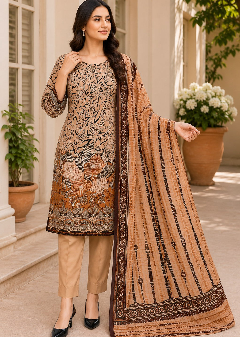A woman models a traditional Indian salwar kameez suit set in an outdoor courtyard setting. The set includes a beige and brown floral printed tunic, beige trousers, and a matching printed dupatta.
