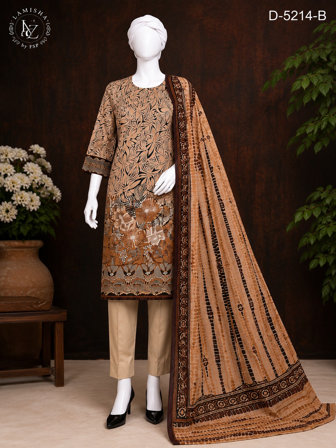 A 3-piece men's traditional outfit displayed on a white mannequin, featuring a brown printed kurta, beige trousers, and a matching patterned dupatta, set against a dark brown background with decorative plants and a flower pot.