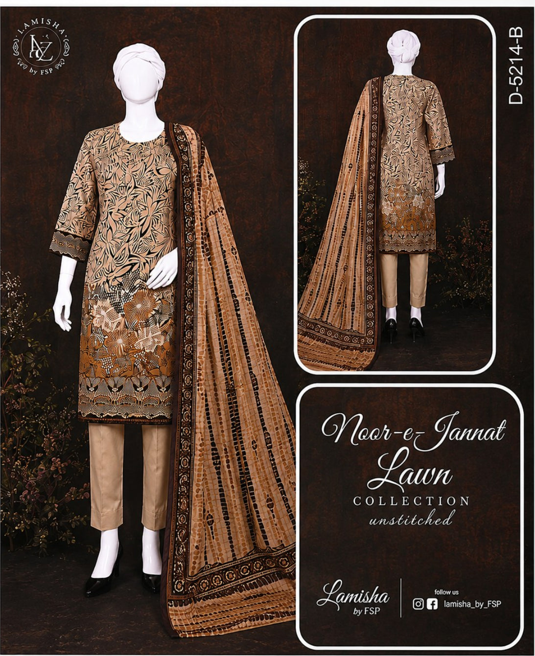 A three-piece unstitched ethnic suit set from Lamisha by FSP, featuring a brown and gold patterned kurta, beige trousers, and a matching patterned dupatta, displayed on mannequins against a dark brown background.
