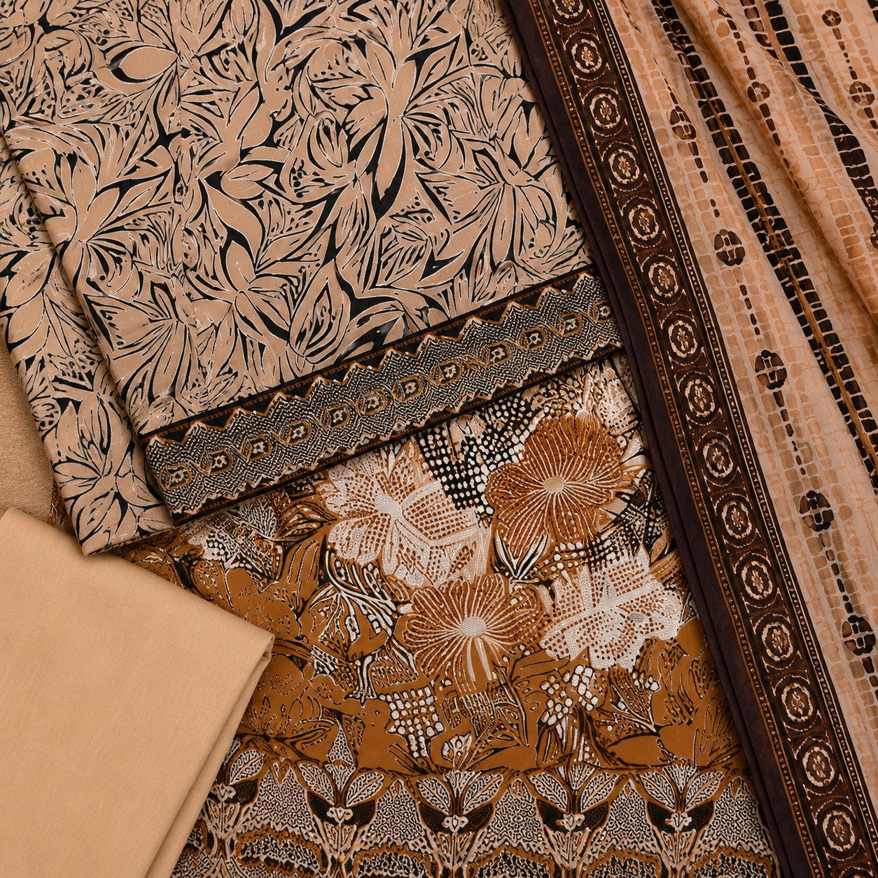Noor e Jannat Collection Unstitched 3 Piece Lawn Suit – Beige & Brown Designer Edition (D-5214-B)