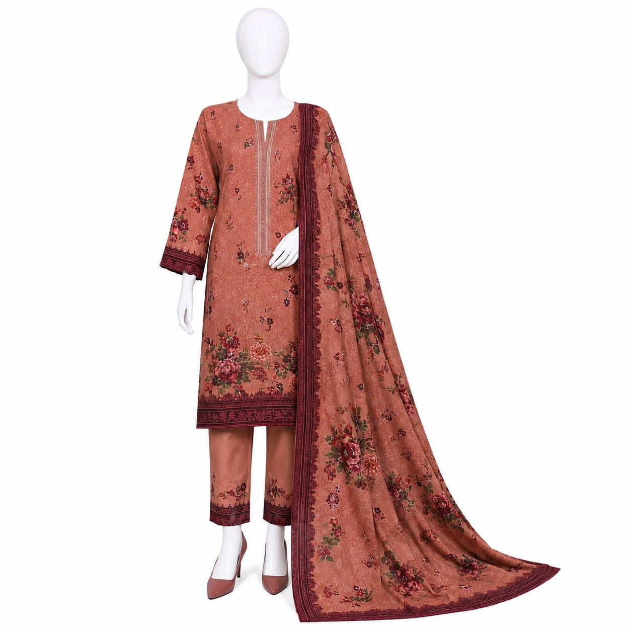 Bin Saeed Premium Embroidered Lawn 3 Piece Collection – Dusty Rose Floral Edition