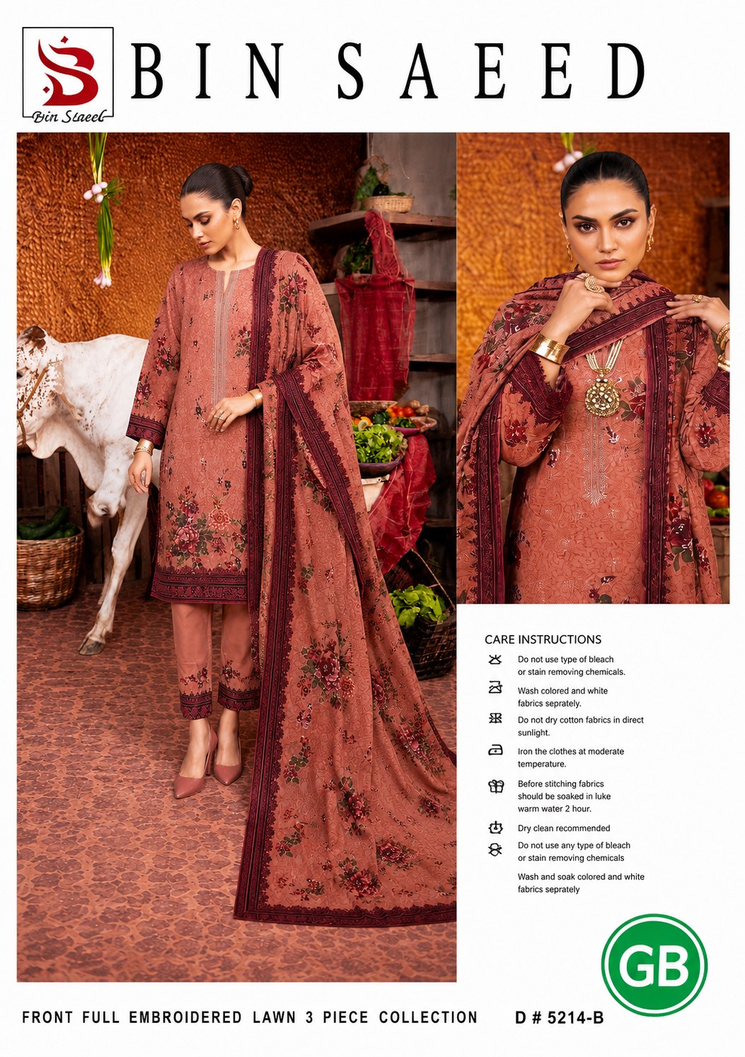 Bin Saeed front full embroidered lawn 3 piece collection dress material card. The card features a model wearing a dusty rose and maroon embroidered kurta set with a matching dupatta, alongside a close-up of the embroidery detail.