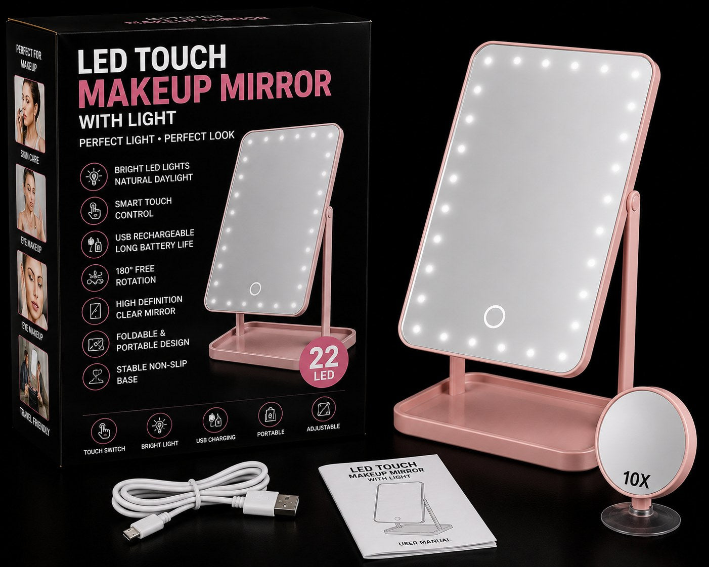 Rose gold LED touch makeup mirror with light and stand, shown beside its retail box, a USB charging cable, and a 10x magnifier on a black background.