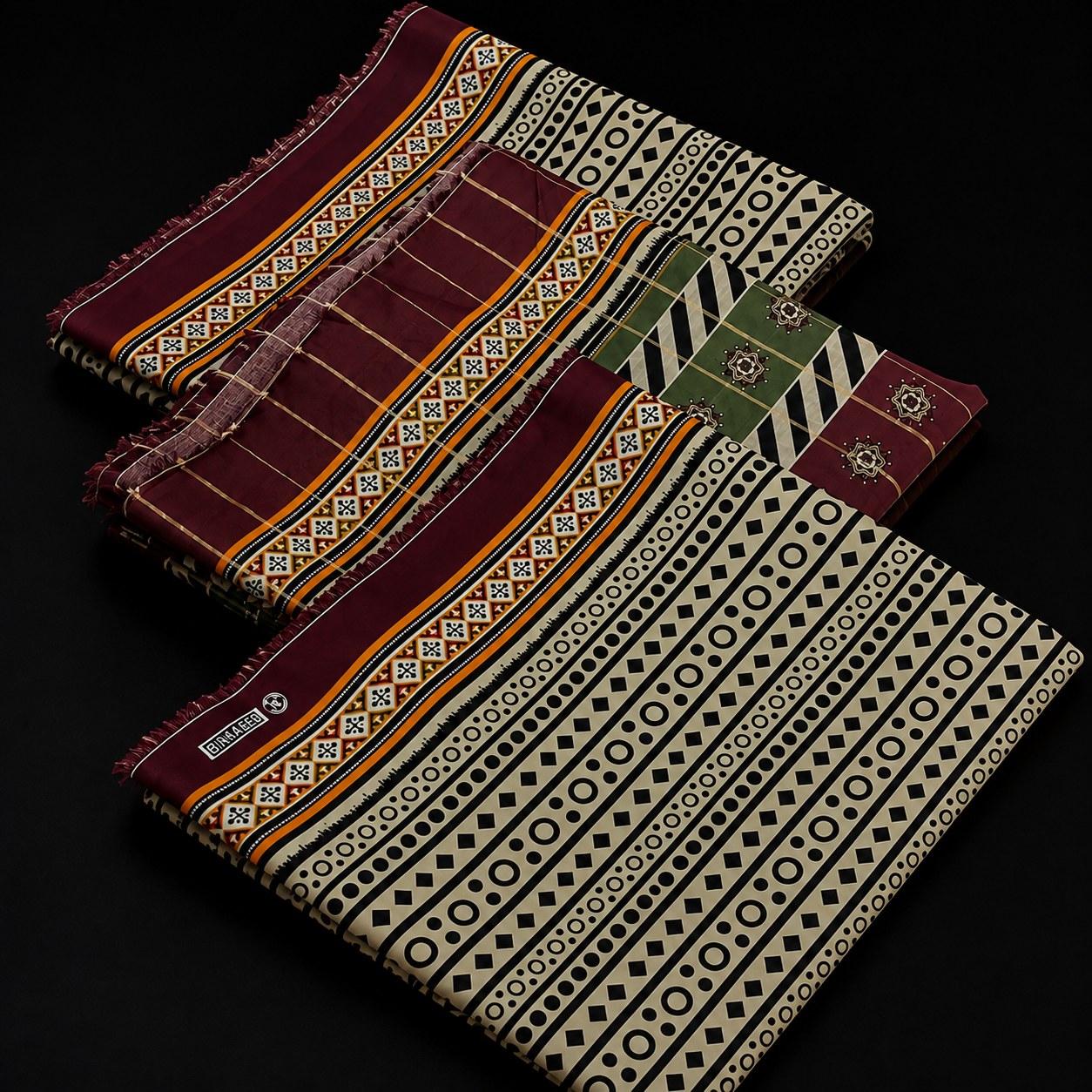 Three folded patterned fabric cloths or mats stacked diagonally on a black background. The top cloth is burgundy with cream, orange, and yellow geometric borders.