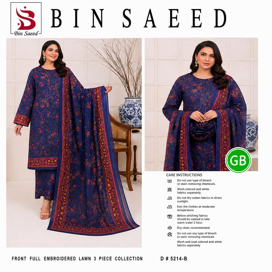 A catalog-style product image for Bin Saed women's traditional clothing, showing two views of a model wearing a navy blue embroidered kurta set with a matching dupatta. The set features red and gold floral embroidery.
