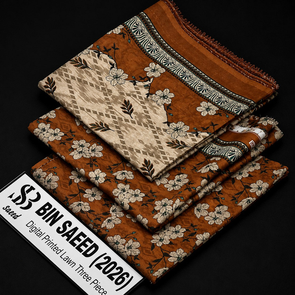 Three folded pieces of patterned fabric or wallpaper are stacked on a black background, with a white label reading 'S3 BIN SAEED (2026)' and 'Sodap'. The designs feature rust brown, beige, and white floral and geometric patterns.
