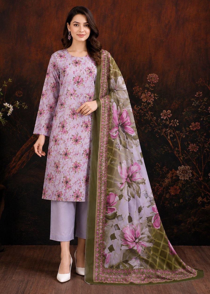 A woman models a traditional Indian salwar kameez set consisting of a light purple kurta with a pink floral print, matching light purple trousers, and a sheer olive green dupatta with a pink floral print and gold border, set against a dark brown floral background.
