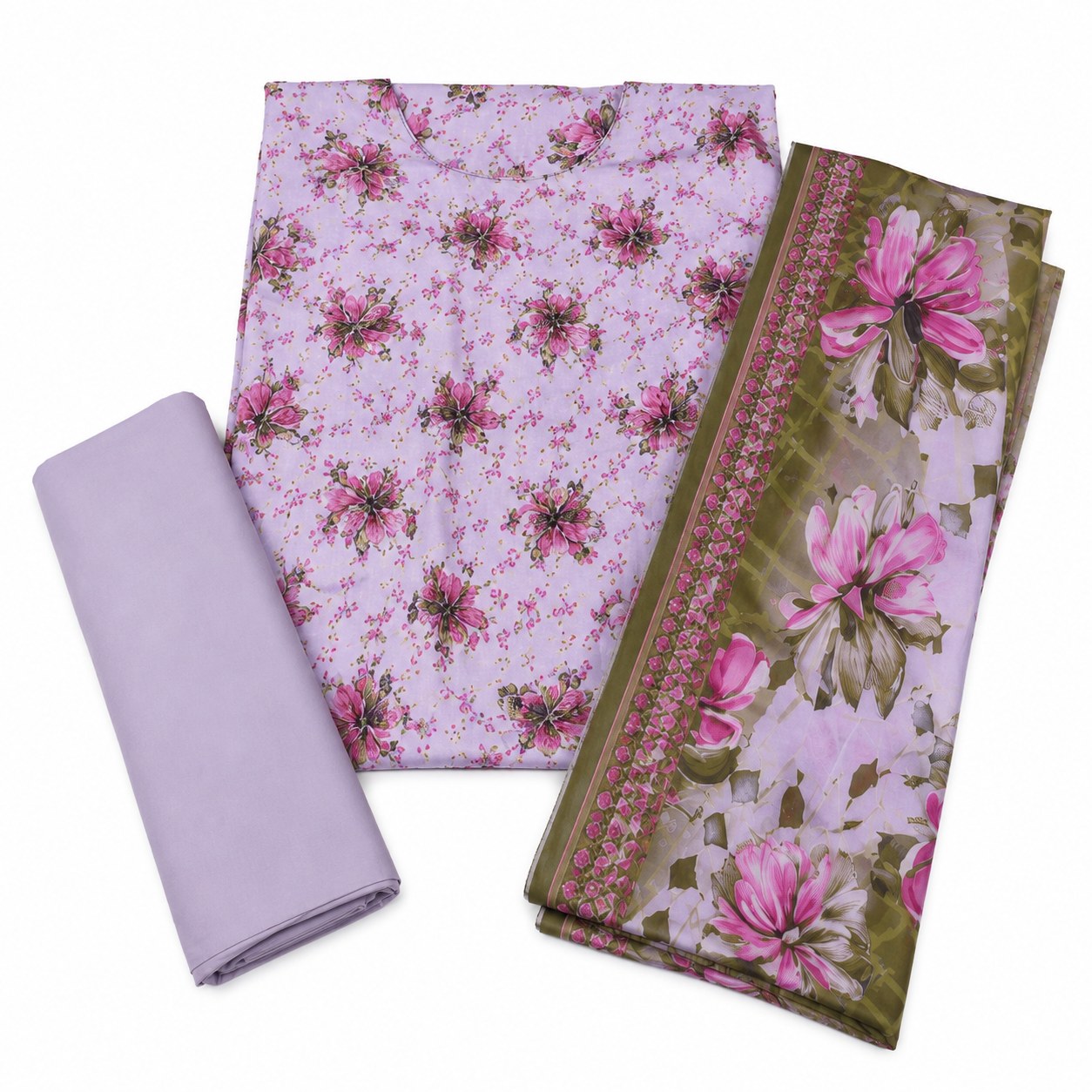 A folded three-piece fabric set on a white background, featuring a light purple/lavender base with a pink and green floral print, a matching solid lavender fabric roll, and a coordinating printed border with large pink flowers and green leaves.