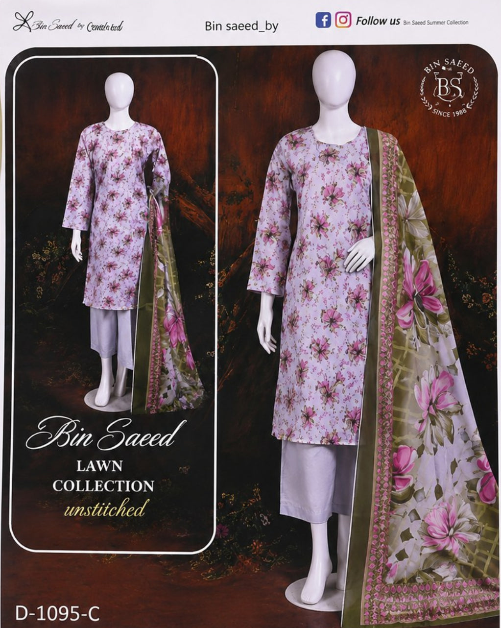A product catalog page or brochure for 'Bin Saeed Lawn Collection' showing two mannequins wearing a light pink floral three-piece suit with a green and pink floral dupatta, on a white background with branding text.