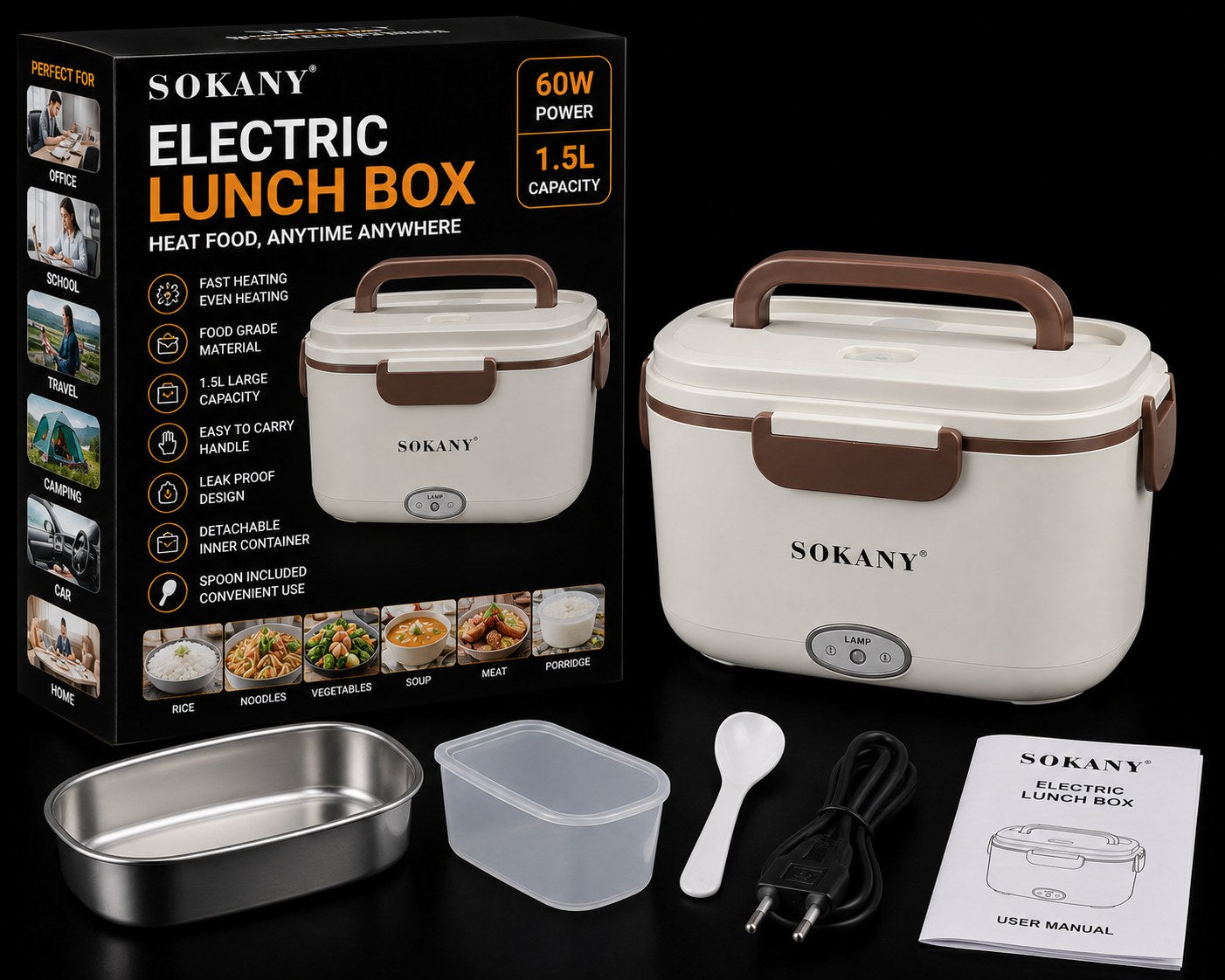 Sokany electric lunch box set shown with the retail box, the main lunch box, a stainless steel tray, a clear plastic container, a spoon, a power cord, and a user manual on a black background.