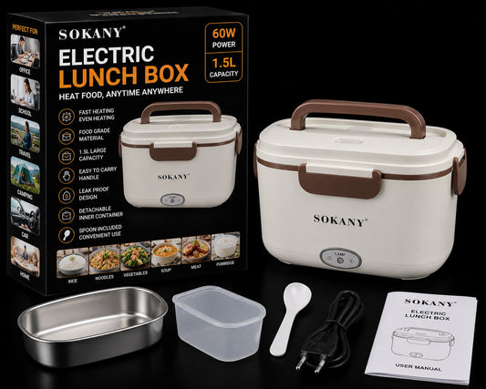 Sokany electric lunch box set shown with the retail box, the main lunch box, a stainless steel tray, a clear plastic container, a spoon, a power cord, and a user manual on a black background.