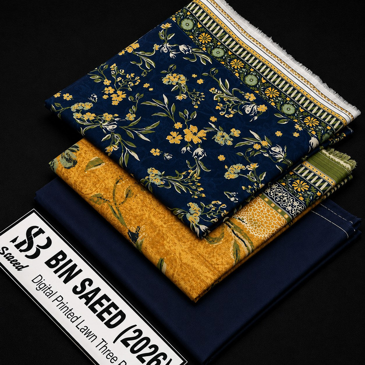 Three folded fabric bins stacked on a black background, with a white label reading 'S3 BIN SALEED (2026)' in the foreground. The top bin has a navy floral print with yellow and green tones, the middle bin has a mustard yellow pattern, and the bottom bin is dark navy blue.