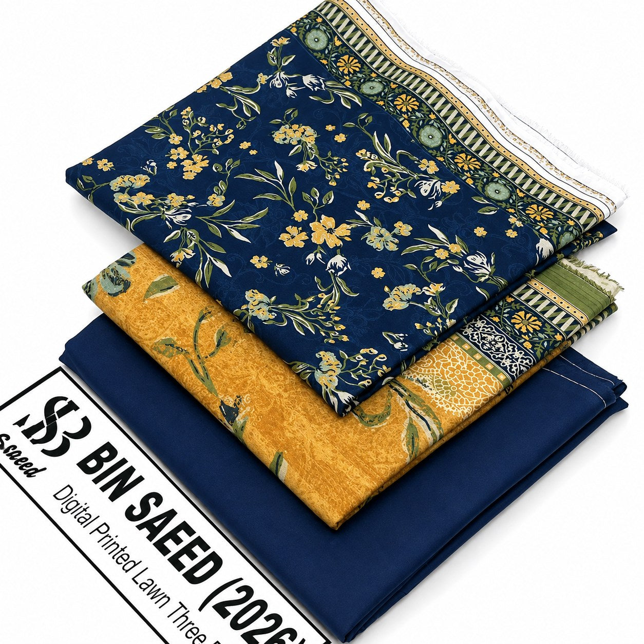 Three folded fabric pieces stacked on a white background, showing printed textile designs: a navy floral print on top, a mustard yellow floral print in the middle, and a solid navy piece at the bottom. A printed paper label at the lower left reads 'B3 BIN SALEED Digital Printed Lawn Three'.