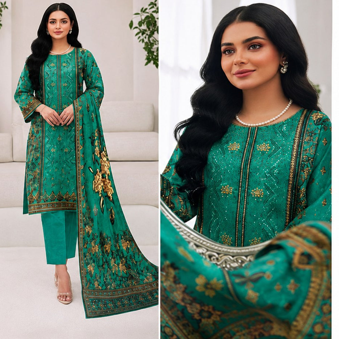 A split promotional image for a green embroidered three-piece ethnic outfit. The left panel shows a woman modeling the full set in a bright indoor setting, with the dupatta draped over one arm.
