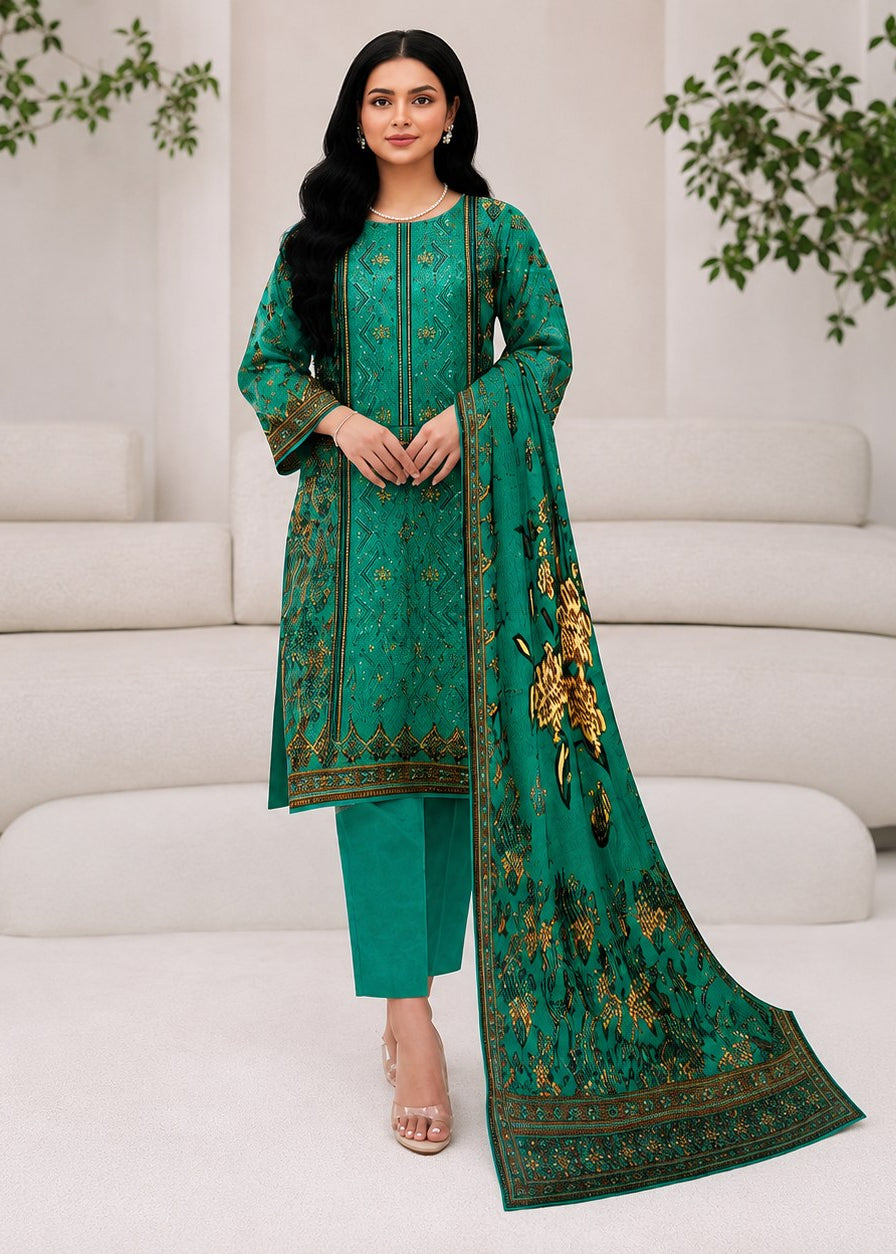 A woman models a traditional three-piece salwar kameez suit in emerald green with gold and yellow floral embroidery, featuring a long tunic, matching trousers, and a draped dupatta, posed in front of a modern white curved sofa.