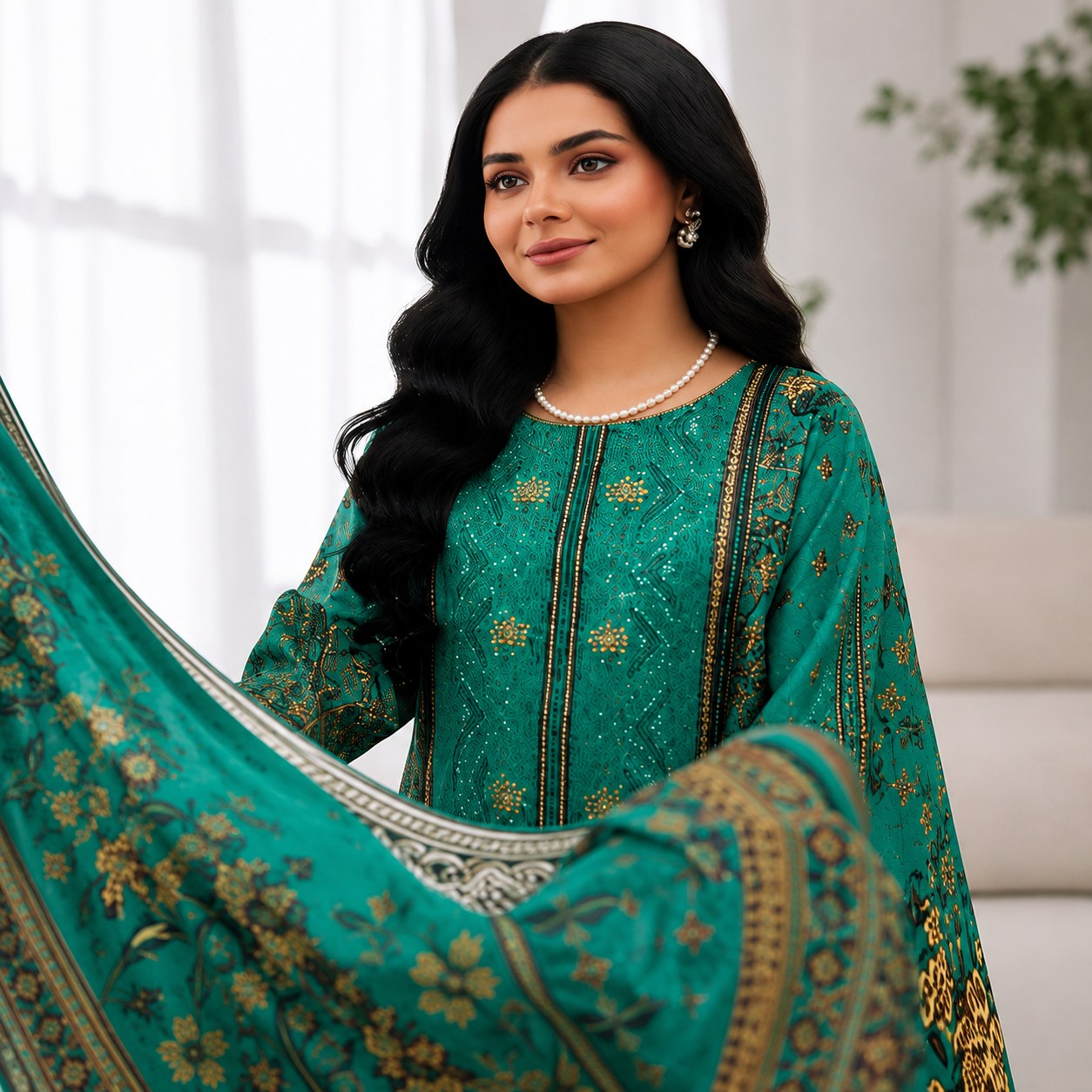 A woman wearing a traditional green ethnic outfit with gold floral embroidery and a matching dupatta, posed indoors against a soft white background.