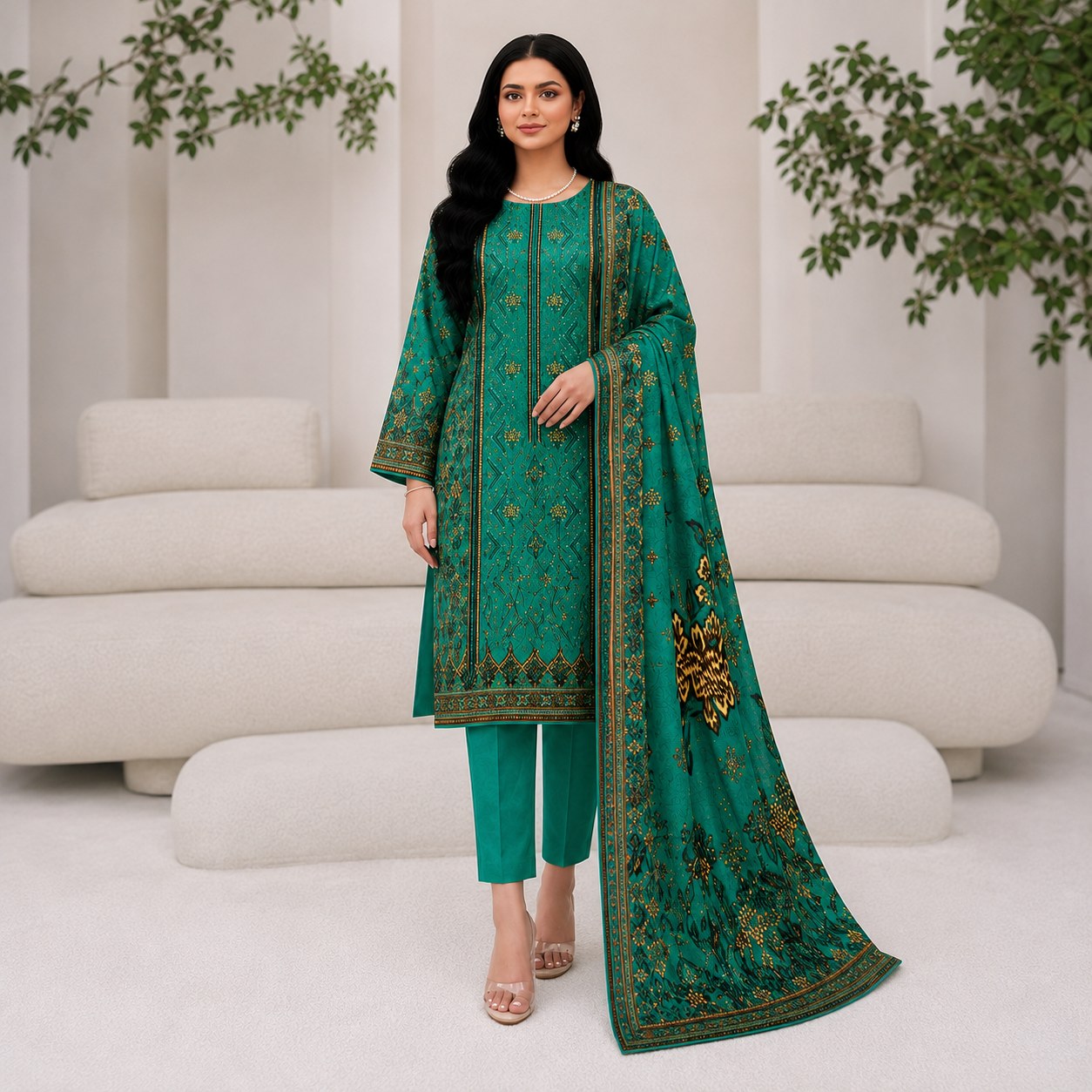 A woman models a traditional Indian salwar kameez suit in emerald green with gold and black embroidery, featuring a long kurta, matching trousers, and a draped dupatta, set against a modern, minimalist beige living room background.