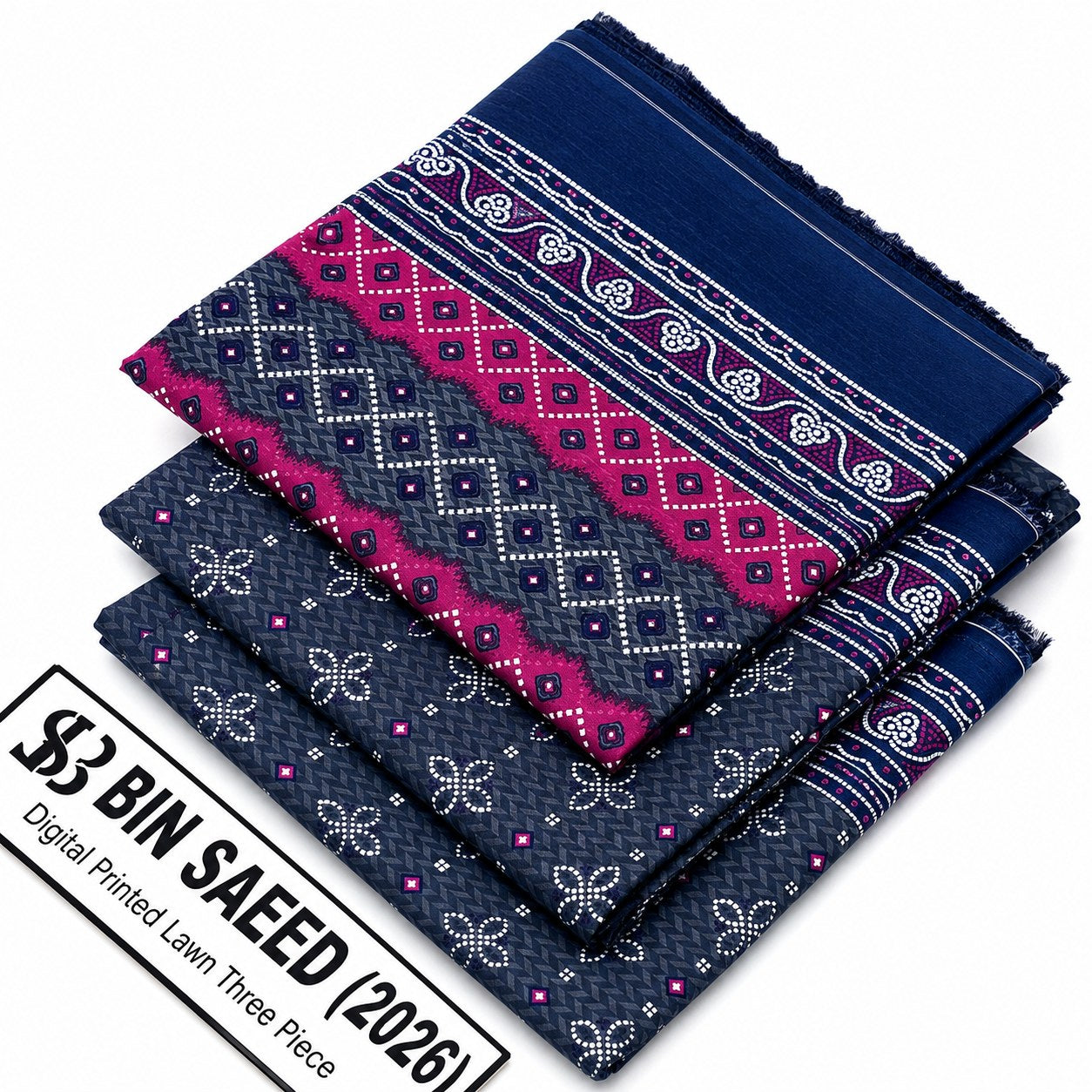 Three folded navy blue patterned fabric pieces stacked on a white background, with a black text label in the lower left reading '$3 BIN SAED (2026) Digital Printed Lawn Three Piece'. The fabrics show dark blue, navy, and magenta bands with white and purple geometric and floral motifs.