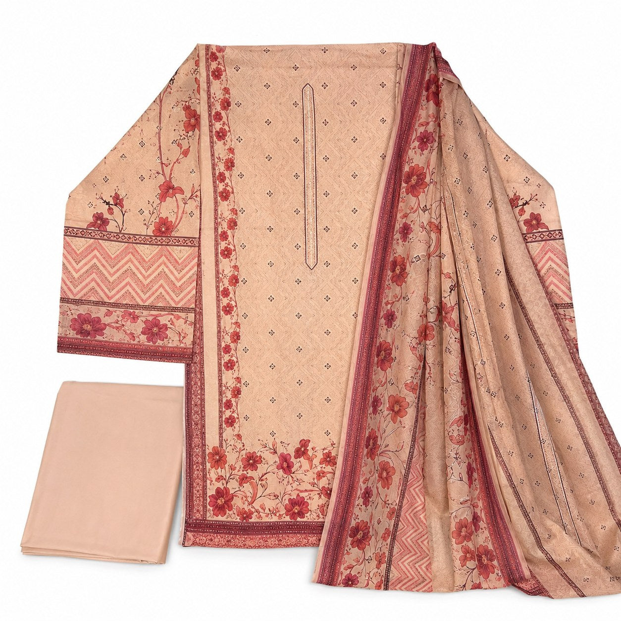 A traditional three-piece salwar kameez suit set in beige, featuring a printed beige kurta with red floral motifs and a matching dupatta, alongside a solid beige fabric fold.