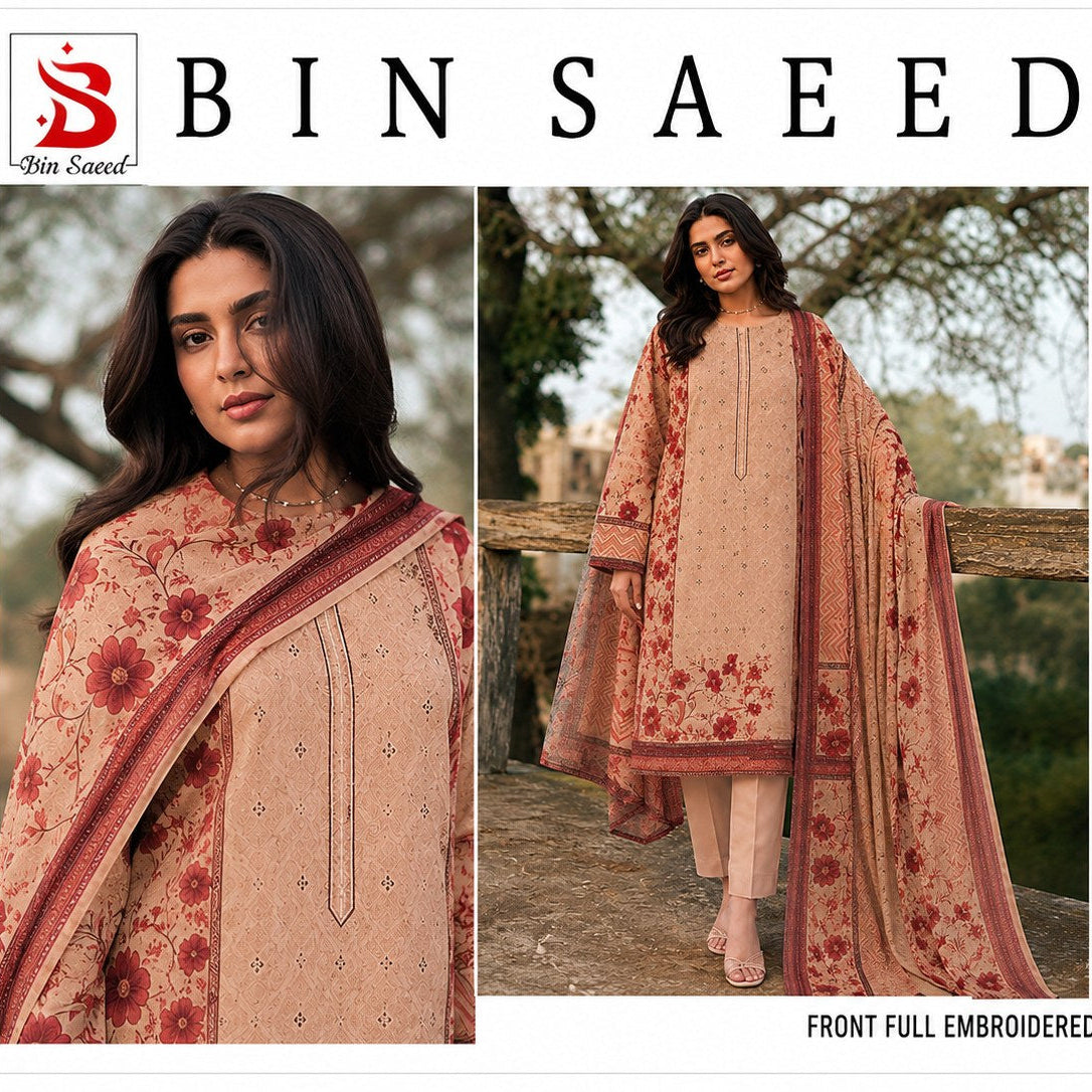 Promotional collage for Bin Saeed's Front Full Embroidered Lawn 3 Piece Collection, featuring a model wearing a beige and rust-colored embroidered kurta set with a matching dupatta, alongside care instructions and a GB quality badge.