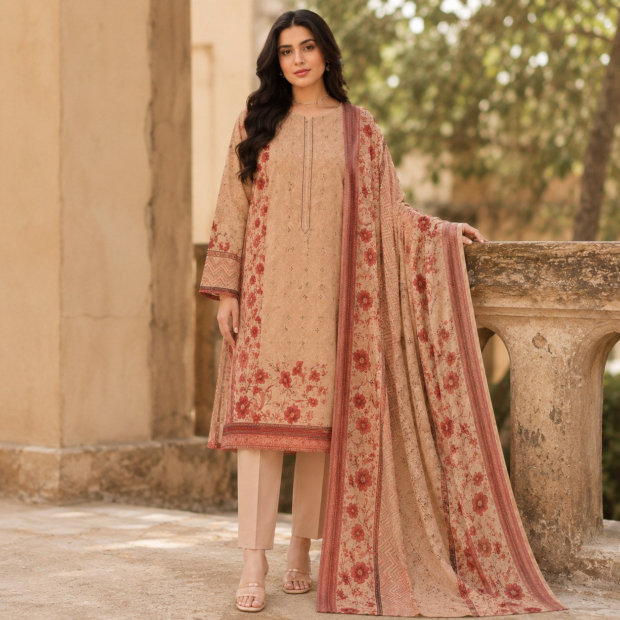 A woman models a traditional three-piece salwar kameez suit set in a warm beige color, featuring red floral embroidery and a matching dupatta draped over her arm, set against a stone architectural background.