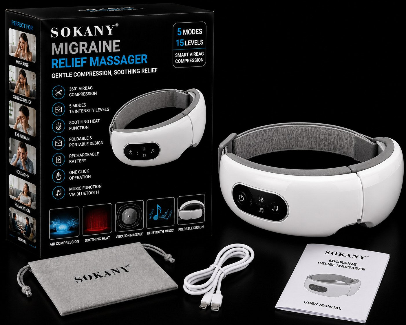 Sokany Migraine Relief Massager shown with its retail box, white headband, gray storage pouch, charging cable, and user manual on a black background.