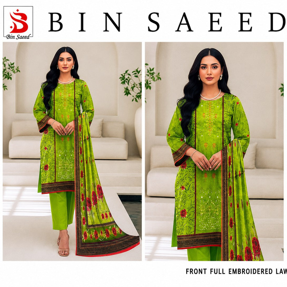 A promotional catalog image for a BIN SAEED brand green embroidered three-piece suit collection. The image features a female model wearing the lime green kurta, matching trousers, and a coordinating dupatta with red and brown borders, alongside care instructions and a green 'GB' logo on a white background.