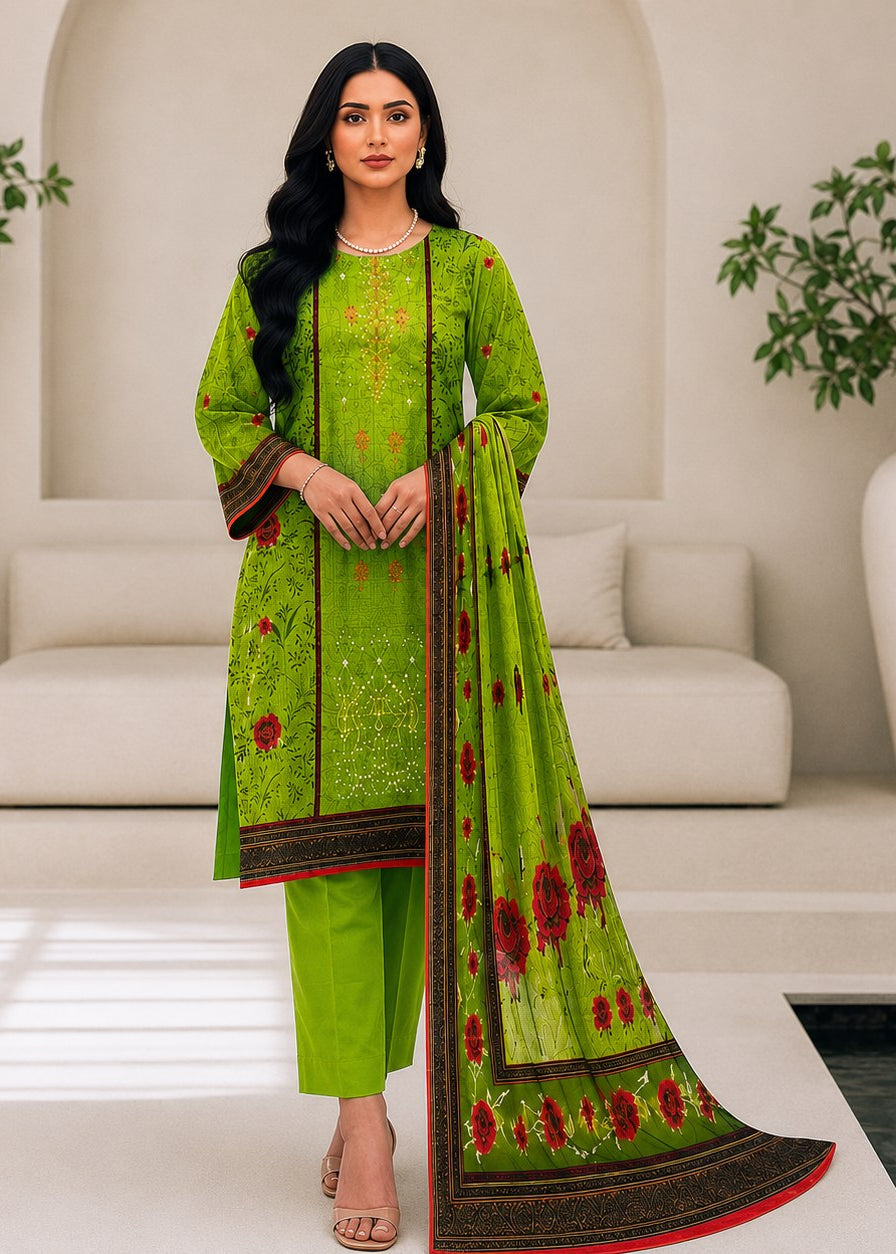 A woman models a bright lime green three-piece salwar kameez suit with red floral embroidery and dark brown borders, standing in a modern, minimalist beige room with white vases and plants.
