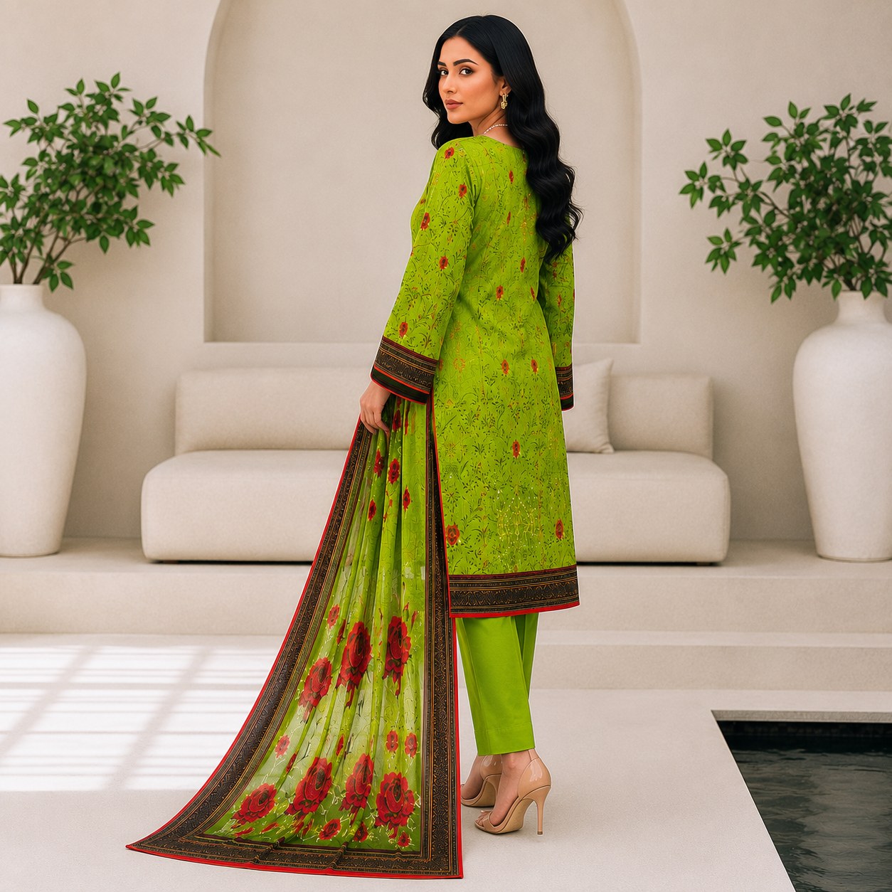 A woman models a bright lime green three-piece salwar kameez suit with red floral embroidery and a matching dupatta, set against a modern, minimalist beige background with potted plants.