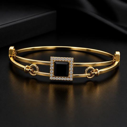 Luxury Gold Open Cuff Bracelet with Black Stone Accent