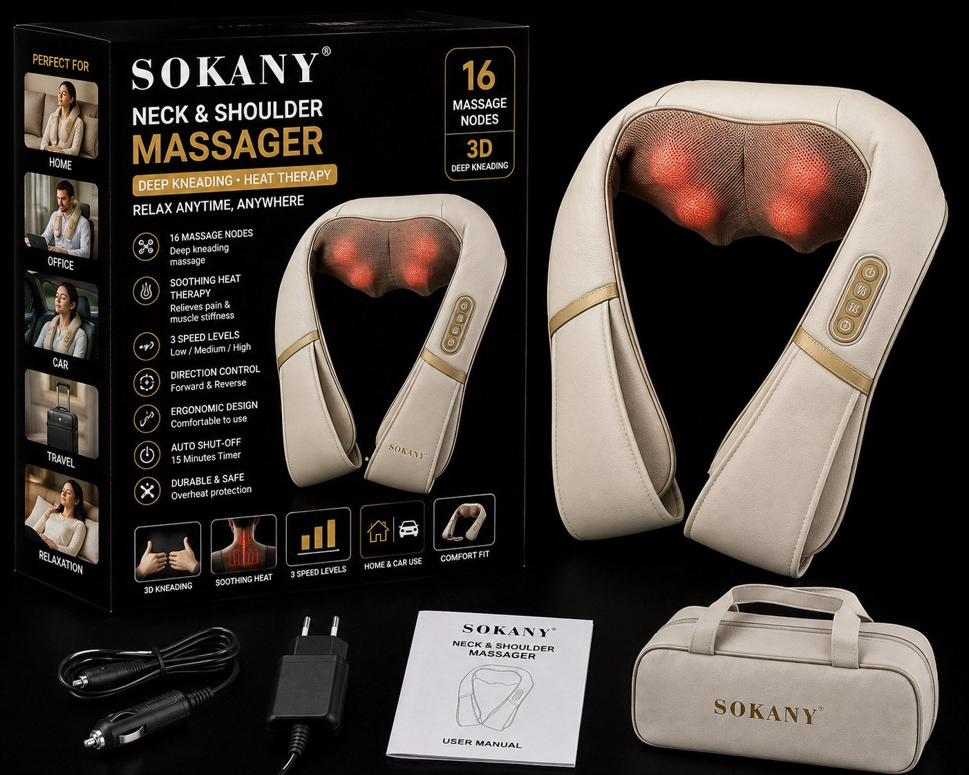 Sokany neck and shoulder massage device shown with its retail box, carrying case, power adapter, and user manual on a black background. The device is cream-colored with gold trim and red illuminated massage nodes.