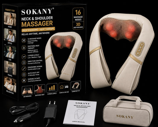 Sokany neck and shoulder massage device shown with its retail box, carrying case, power adapter, and user manual on a black background. The device is cream-colored with gold trim and red illuminated massage nodes.