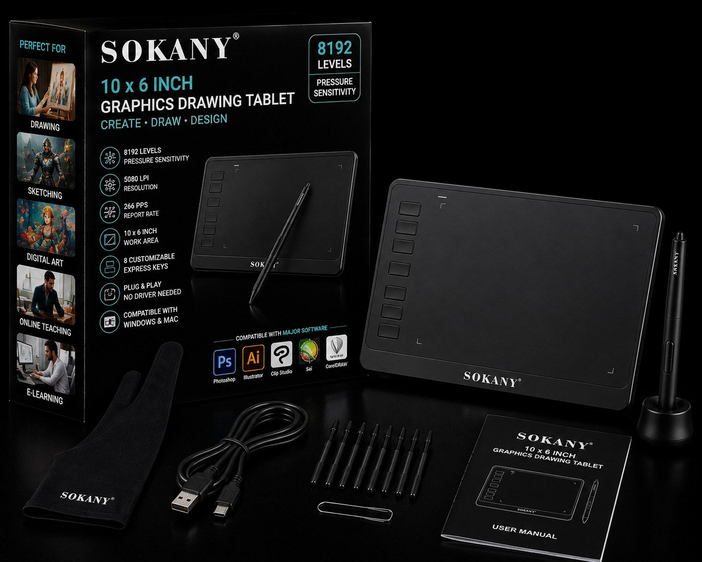Sokany 10 x 6 inch graphics drawing tablet kit shown with its retail box, tablet, stylus, cable, pen set, and user manual on a black background.