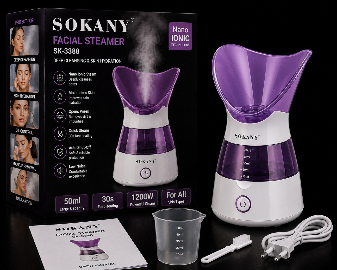 Sokany SK-3888 Nano Ionic Facial Steamer shown with its retail box, user manual, measuring cup, and charging cable on a black background. The facial steamer features a white body with a translucent purple chamber and purple silicone nozzle.
