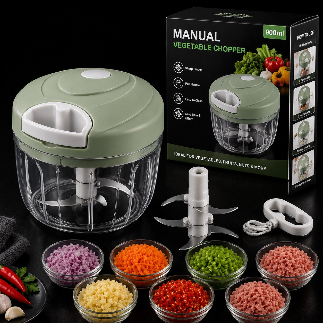 Manual Vegetable Chopper – Pull String Food Chopper (900ml)