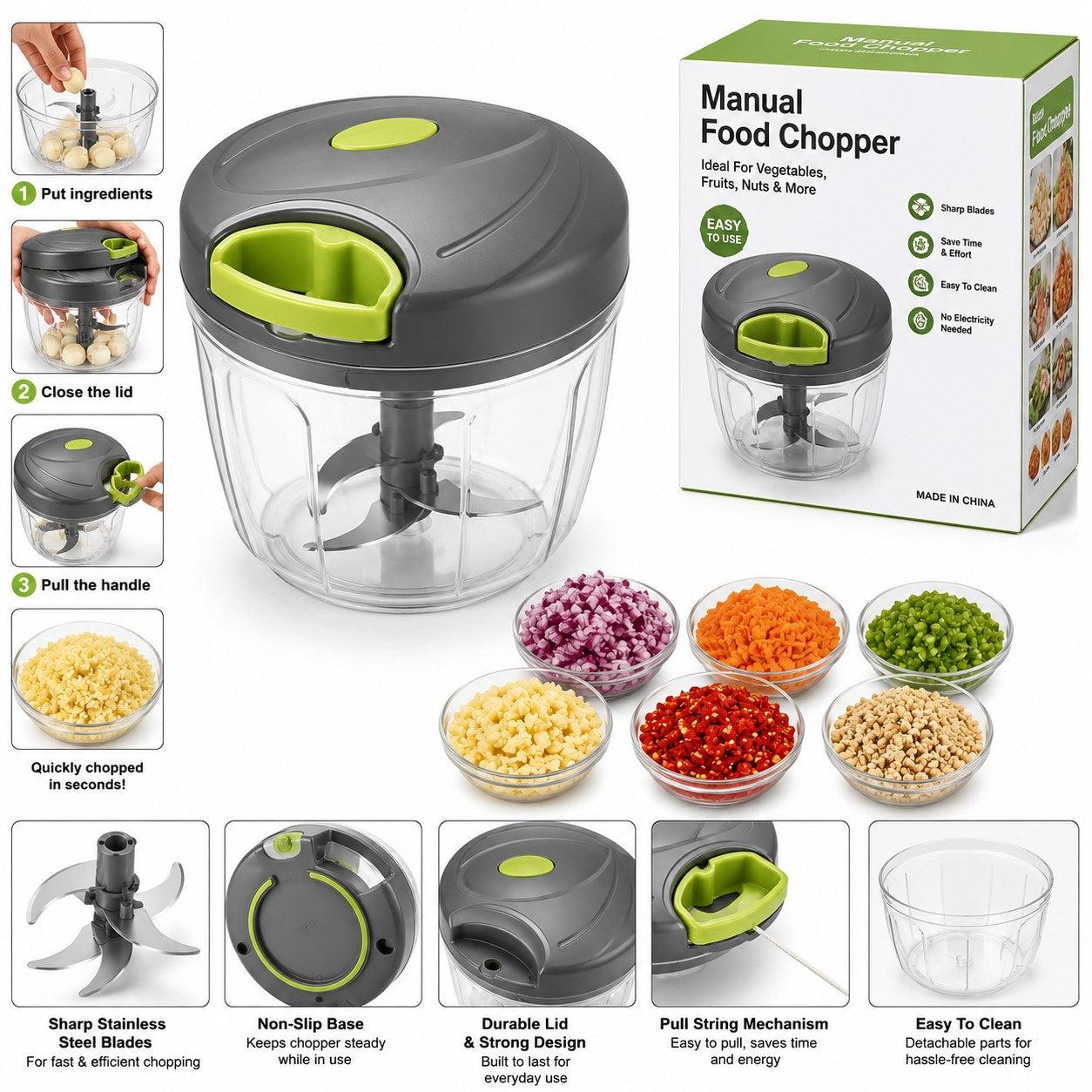 Manual Vegetable Chopper – Pull String Food Chopper (900ml)
