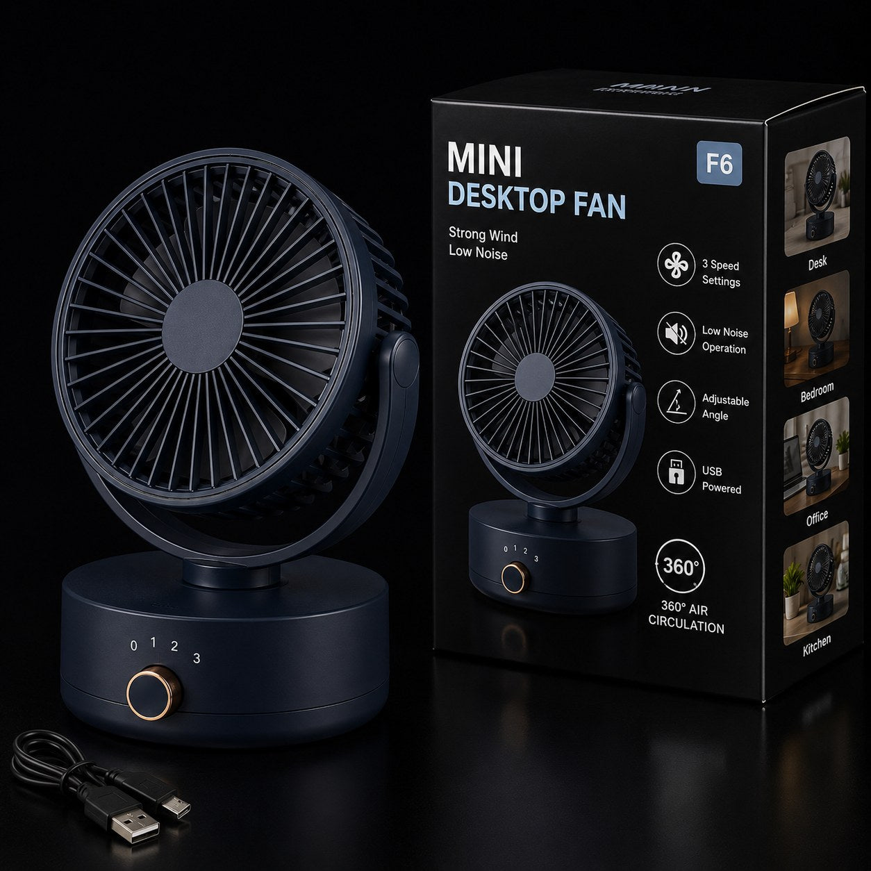 Mini USB Desktop Fan – 3 Speed Portable Cooling Fan