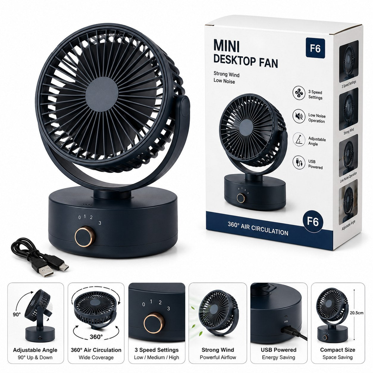 Mini USB Desktop Fan – 3 Speed Portable Cooling Fan