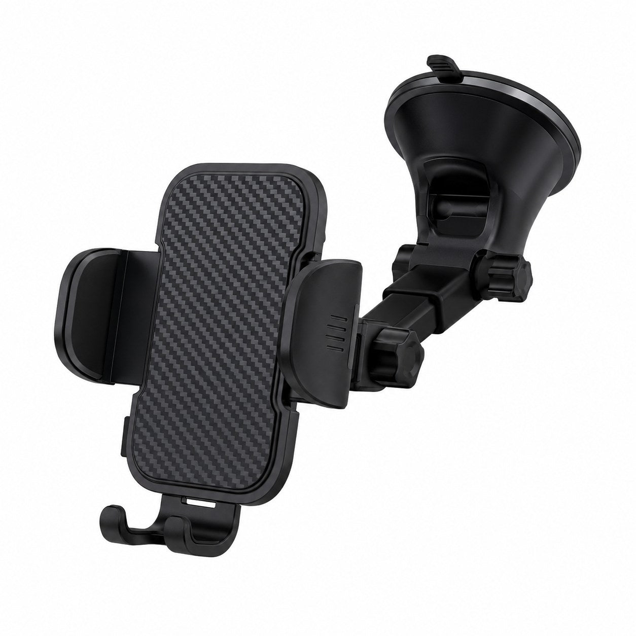 Black car phone mount with a suction cup and a carbon fiber textured grip plate, shown on a solid white background.
