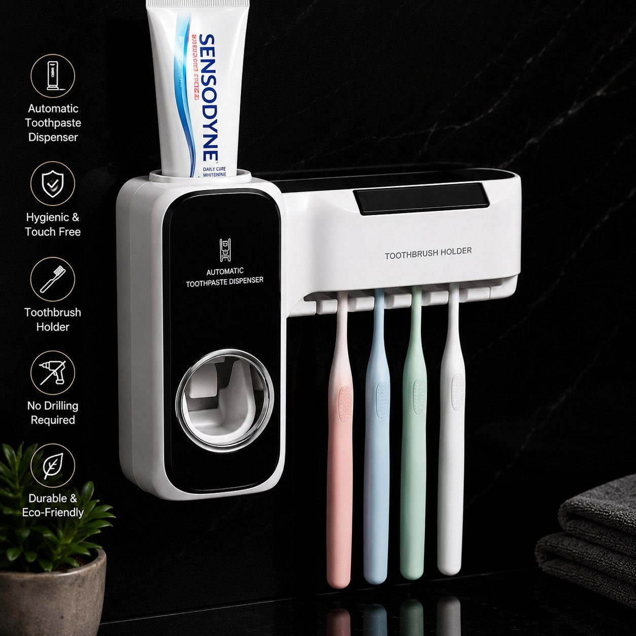 Automatic Toothpaste Dispenser & Toothbrush Holder – Wall Mounted Bathroom Organizer