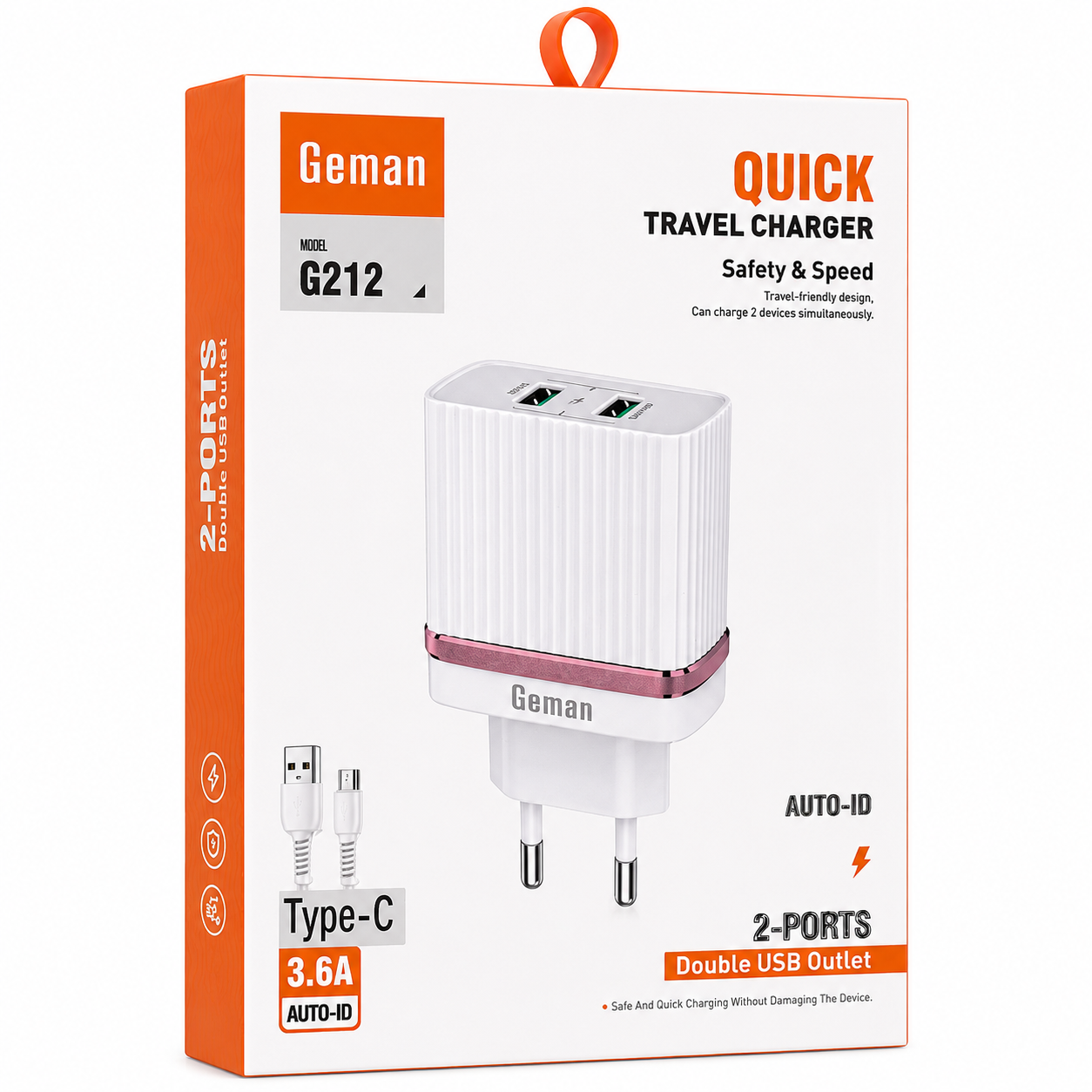 Geman G212 Dual USB Fast Charger 3.6A | Auto-ID Smart Wall Charger