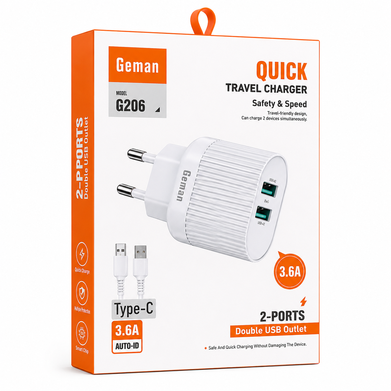 Geman G206 Dual USB Fast Charger 3.6A | Auto-ID Smart Wall Charger