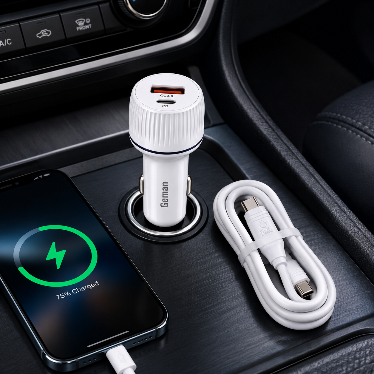 Geman G03 52W PD + QC3.0 Super Fast Car Charger with Type-C Cable