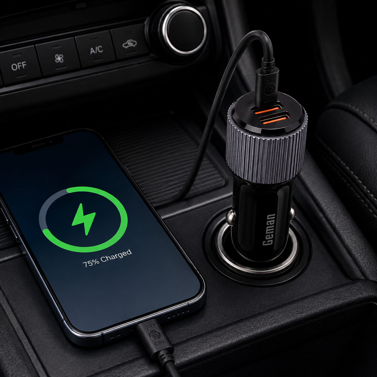 Geman G02 52.5W PD + QC3.0 2-Port Fast Car Charger (USB-A + USB-C) with Type-C Cable