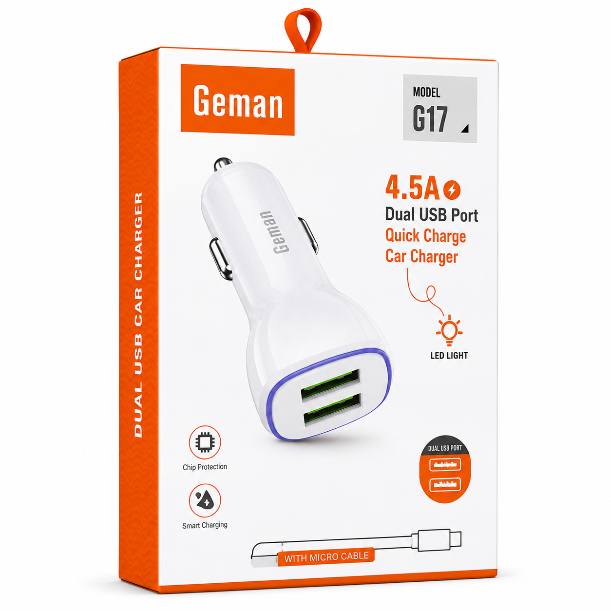 Geman GT7 Dual USB Port 4.5A Fast Car Charger with Micro USB Cable