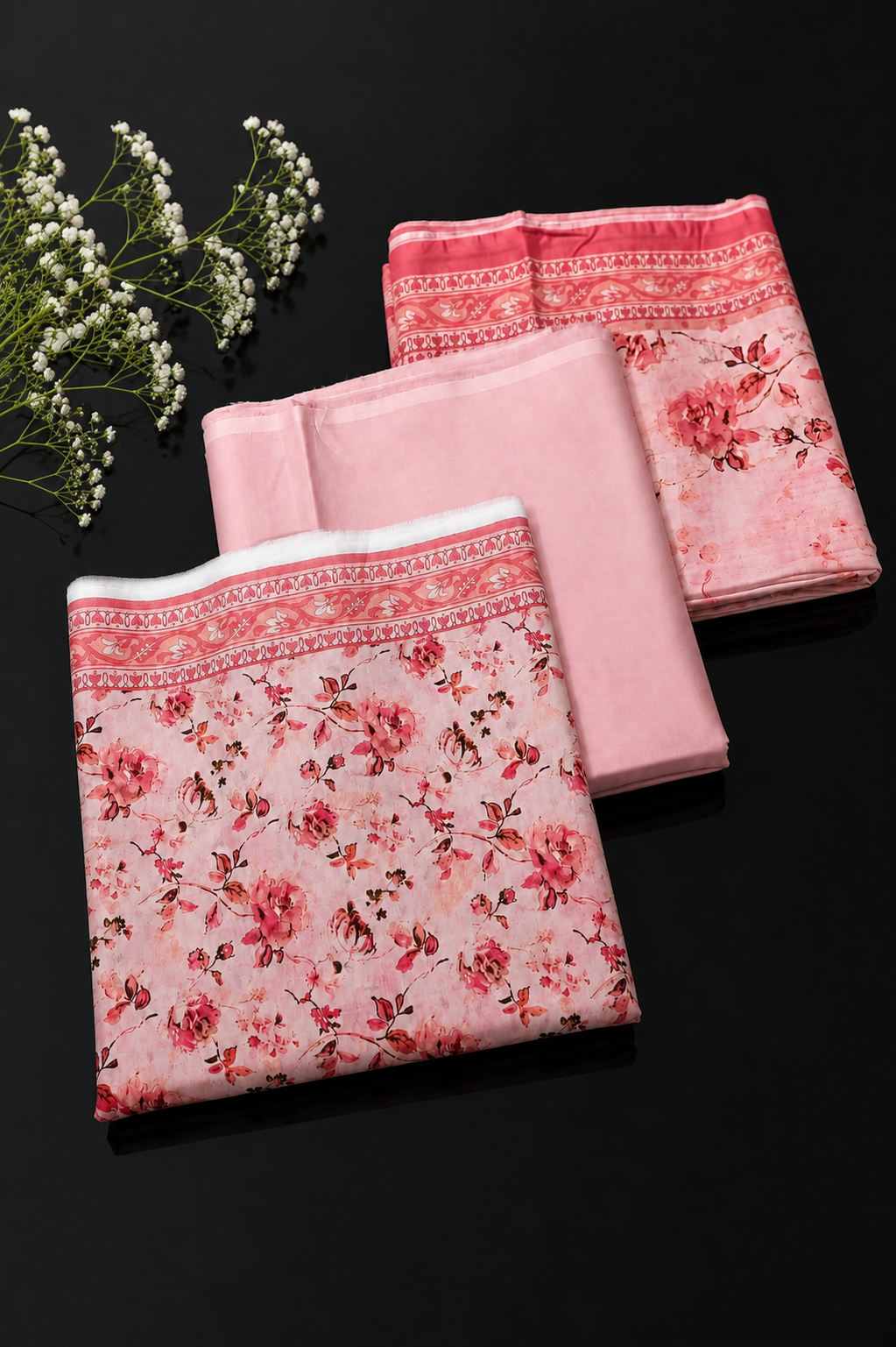 Three folded pink fabric pieces with floral prints and patterned borders are arranged on a black background, with small white flowers placed in the upper left corner.