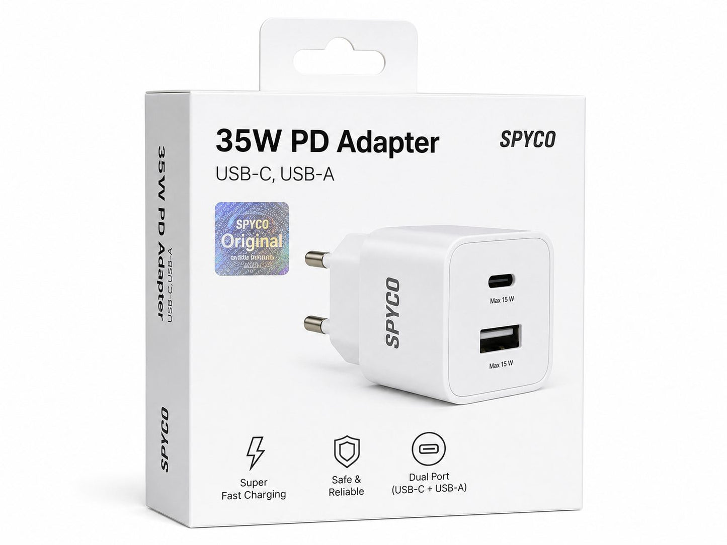 SPYCO 35W PD Dual Port Fast Charger USB-C + USB-A Adapter